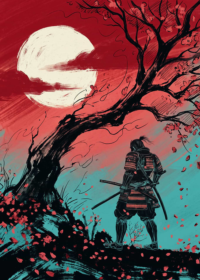 Samurai Warrior Under Cherry Blossom Tree Japanese Art Print