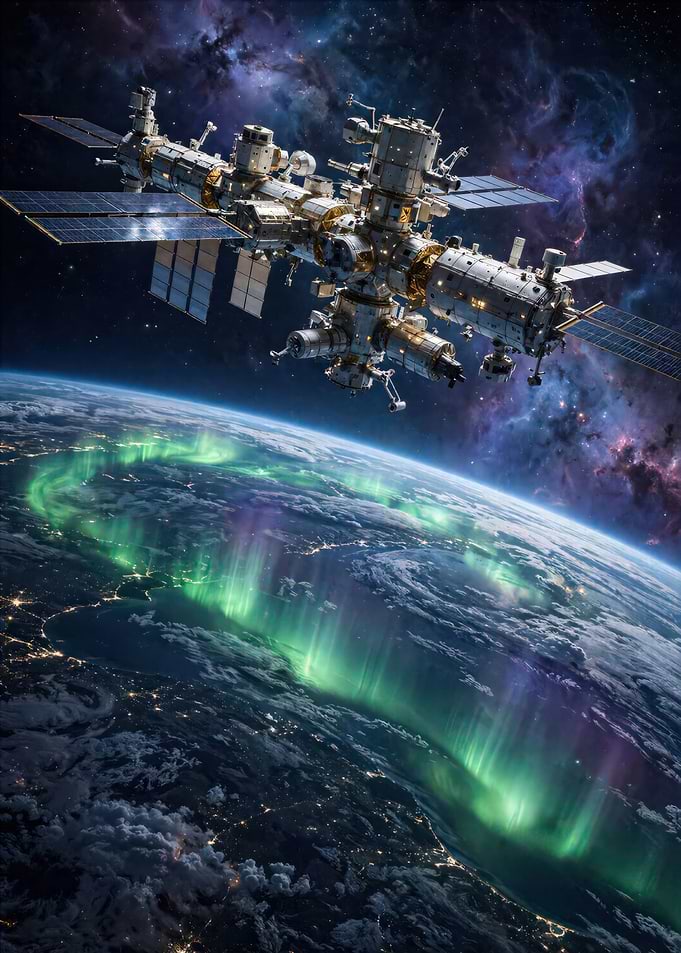 Space Station Above Aurora Borealis