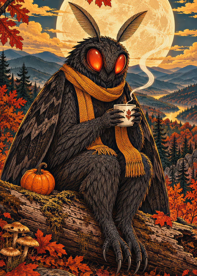 Mothman Enjoying Autumn Coffee