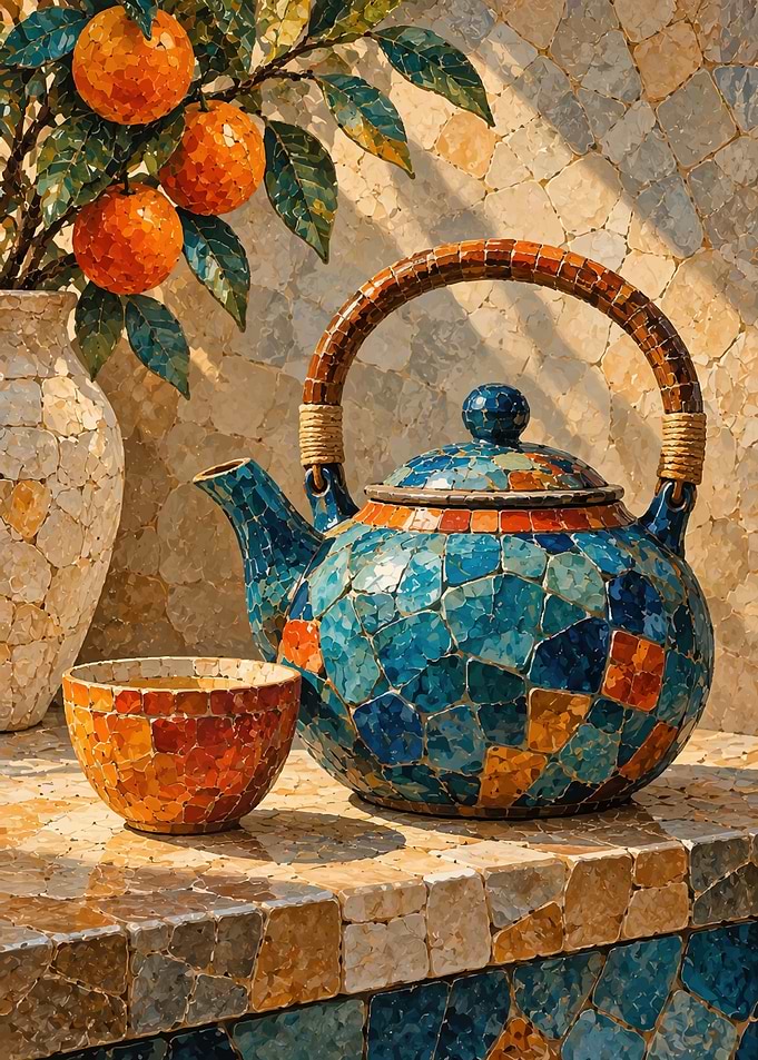Mosaic Teapot and Bowl Still Life