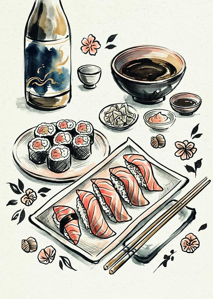Japanese Sushi And Sake Watercolor Illustration Food Art