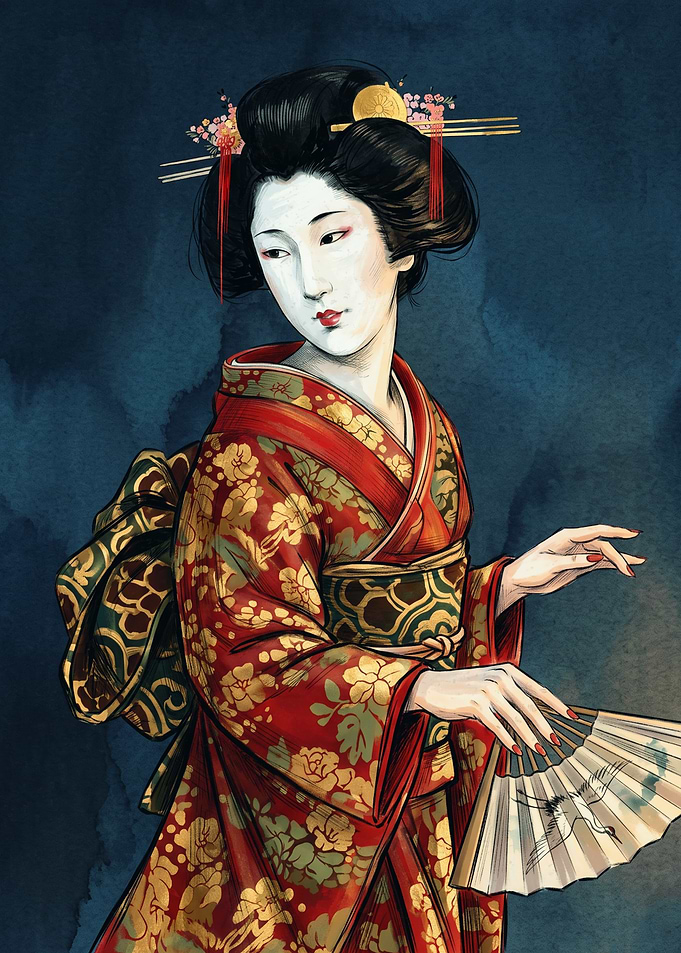 Traditional Japanese Geisha In Red Kimono Asian Art Ukiyo-e Style