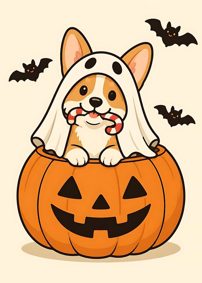 Cute Corgi Ghost in Pumpkin