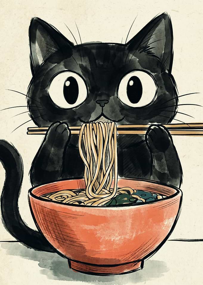 Black Cat Eating Ramen Japanese Ink Wash Art Cute Noodle Bowl Animal Lover Poster