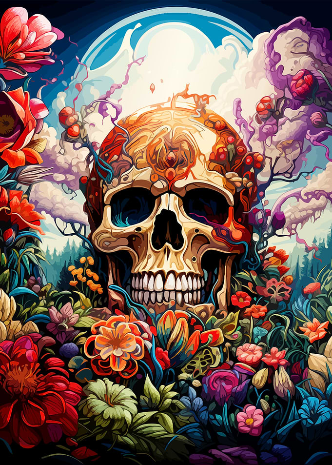 Skull Surrounded by Vibrant Floral Garden