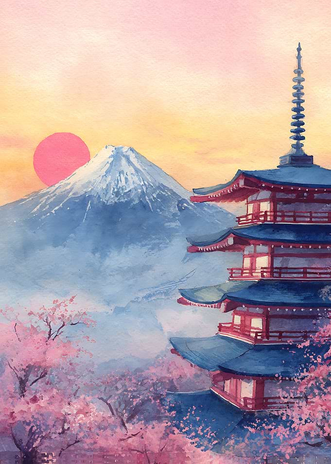 Mount Fuji and Pagoda at Sunset