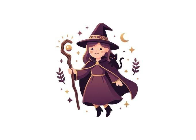 Cute Little Witch with Cat