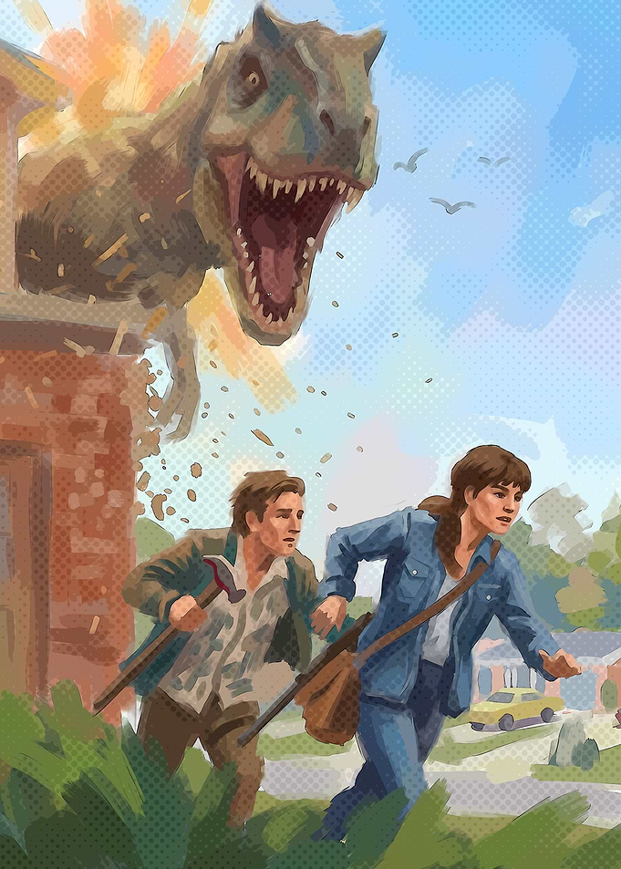 Dinosaur Attack Suburban Escape Illustration