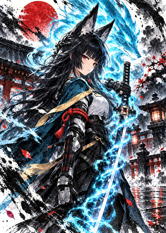 Fox Girl Samurai with Blue Aura