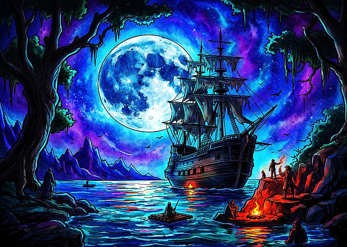 Pirate Ship Under Neon Moon