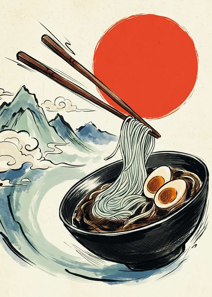 Ramen Bowl Japanese Ukiyo E Art Print Red Sun Mountain Landscape Noodles Poster