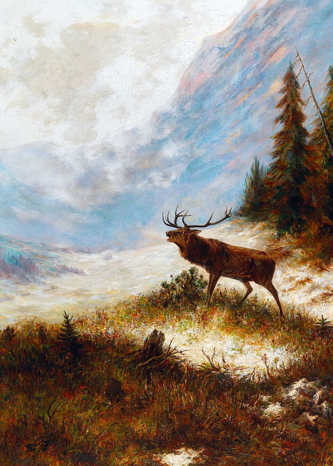 Bellowing Stag Deer in Winter Mountain Landscape Painting by Franz Xaver
