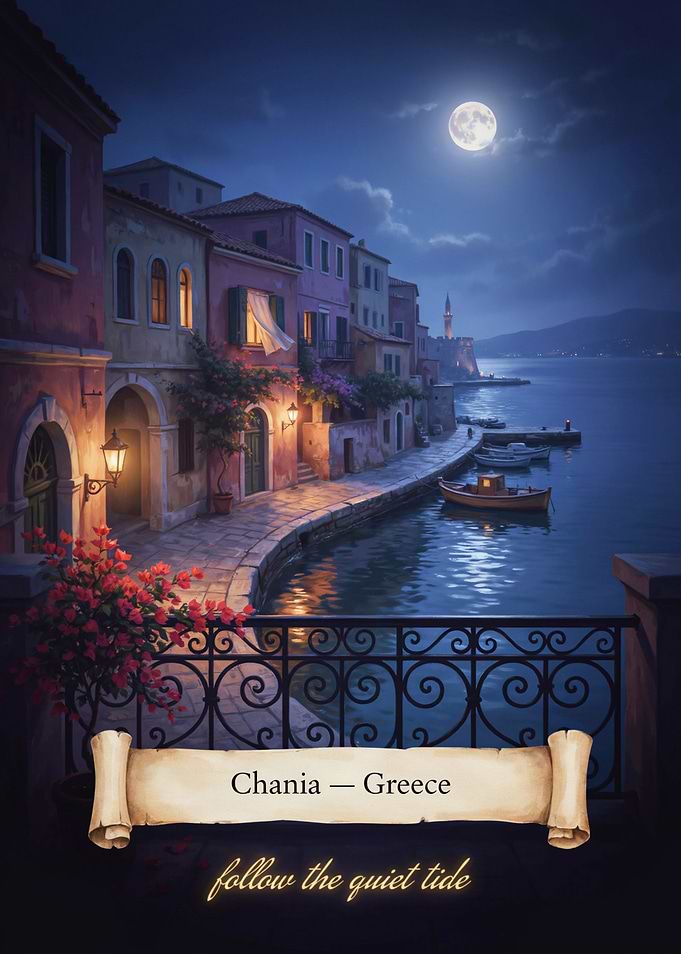 Chania Moonlit Balcony Streetscape — Romantic Mystical Mediterranean Night Art