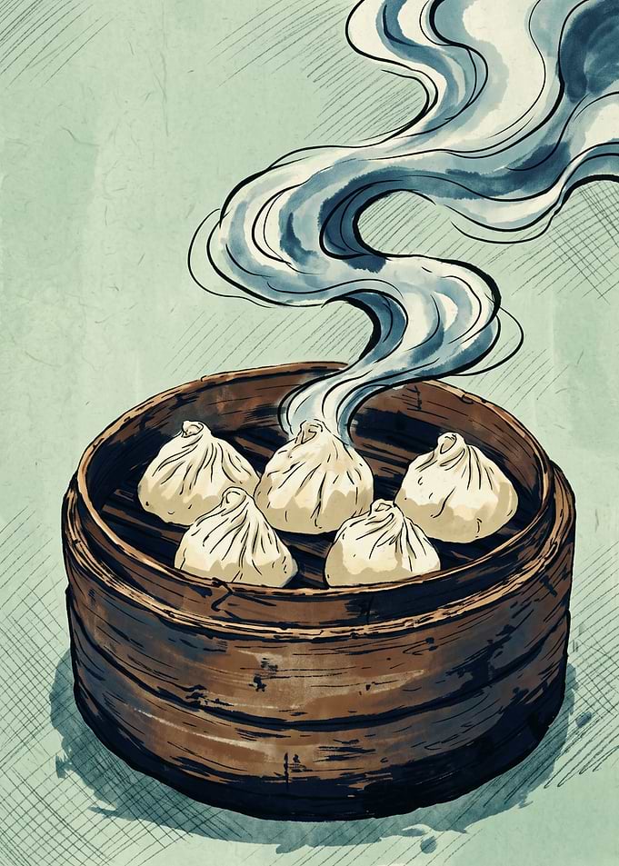 Steamed Dumplings Food Art Chinese Cuisine Watercolor Steamer Bamboo Kitchen Poster