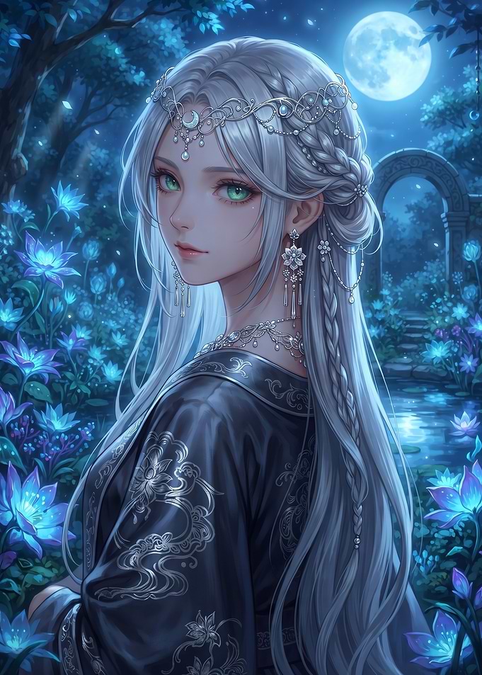 Moonlit Fantasy Princess in Enchanted Garden