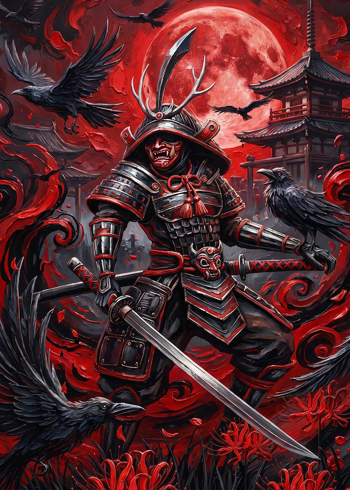 Red Moon Samurai with Crows