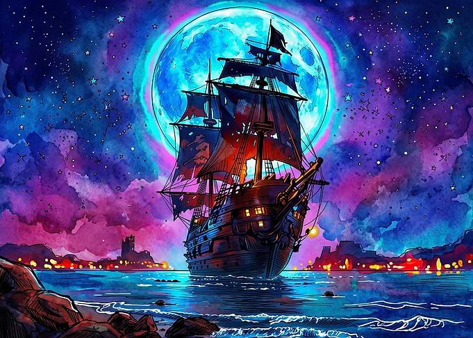 Pirate Ship Under Neon Moon