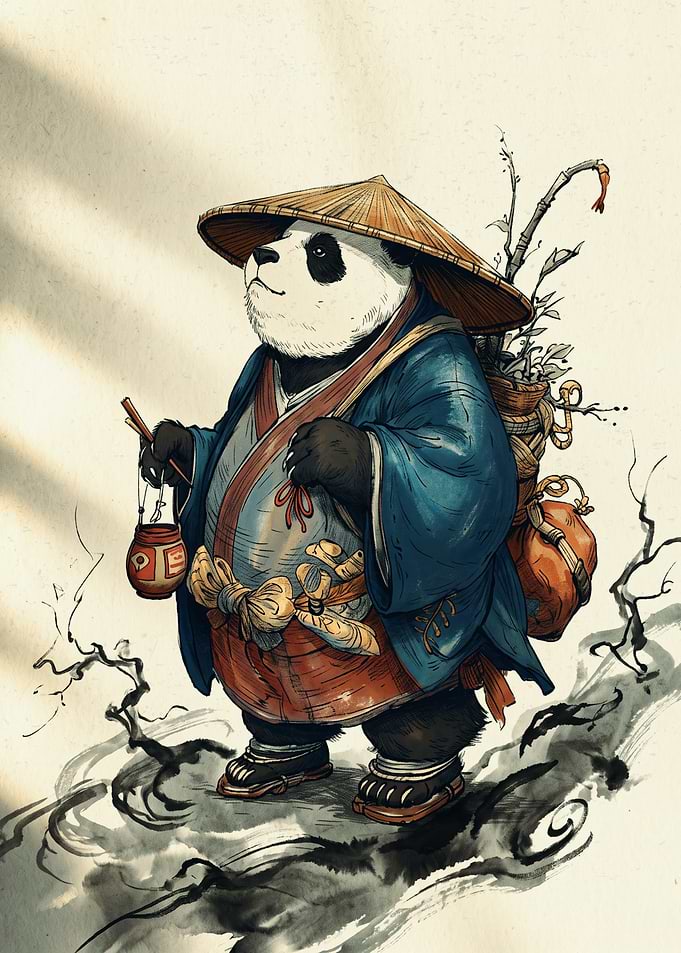 Samurai Panda Japanese Ink Art Traditional Ronin Traveling Lantern Bamboo Forest Poster