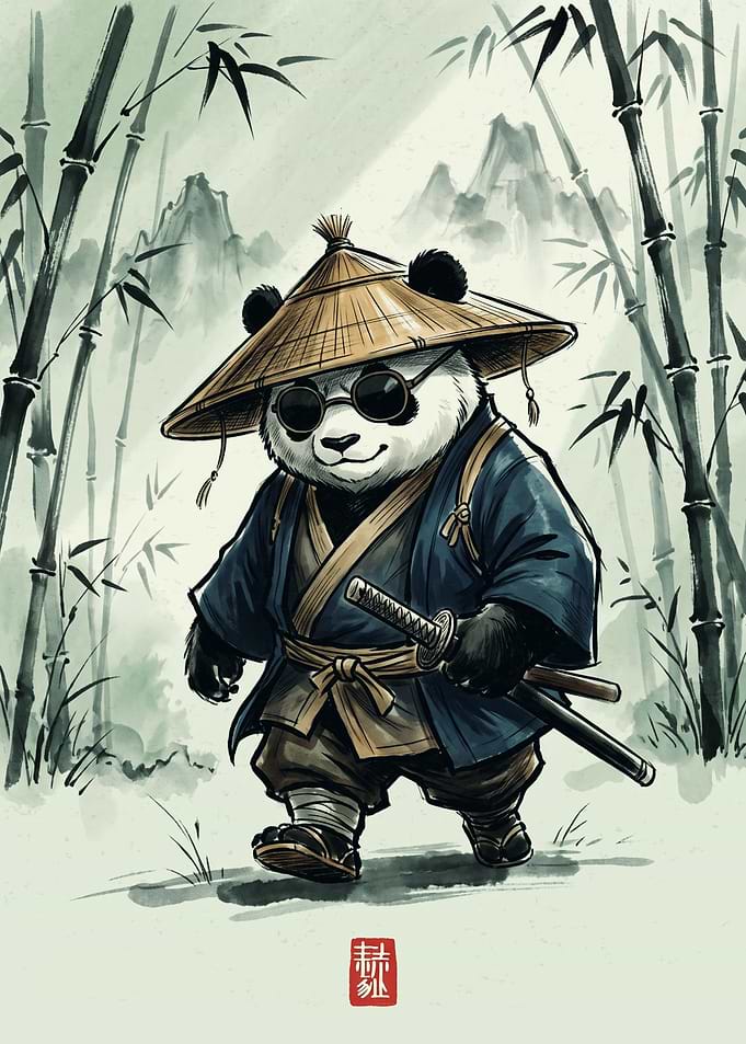 Samurai Panda Japanese Ink Wash Painting Bamboo Forest Cool Animal Art Print Poster