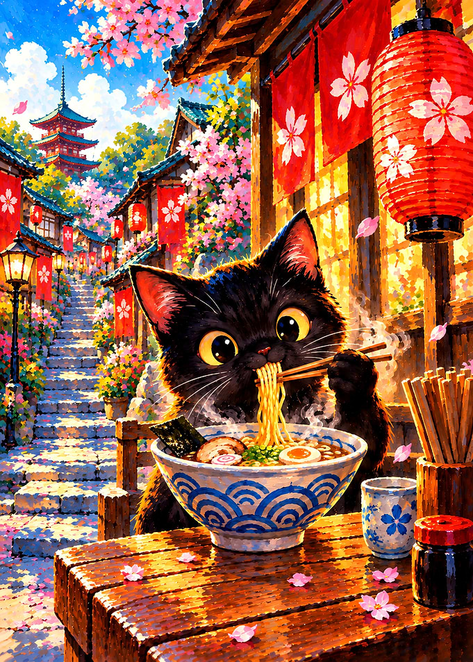 Cute Black Cat Eating Ramen