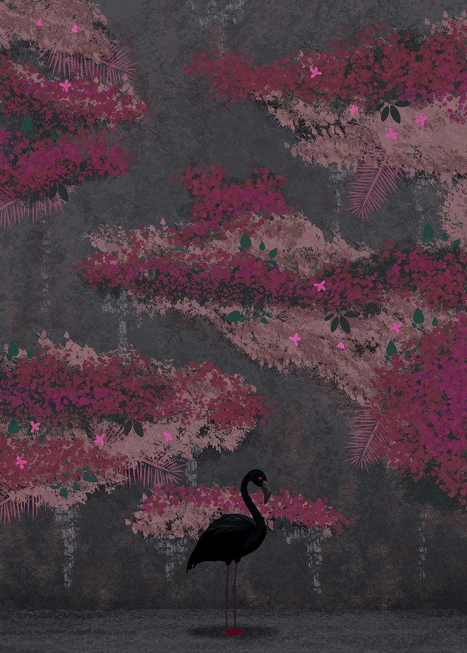 Dark Flamingo in Floral Forest