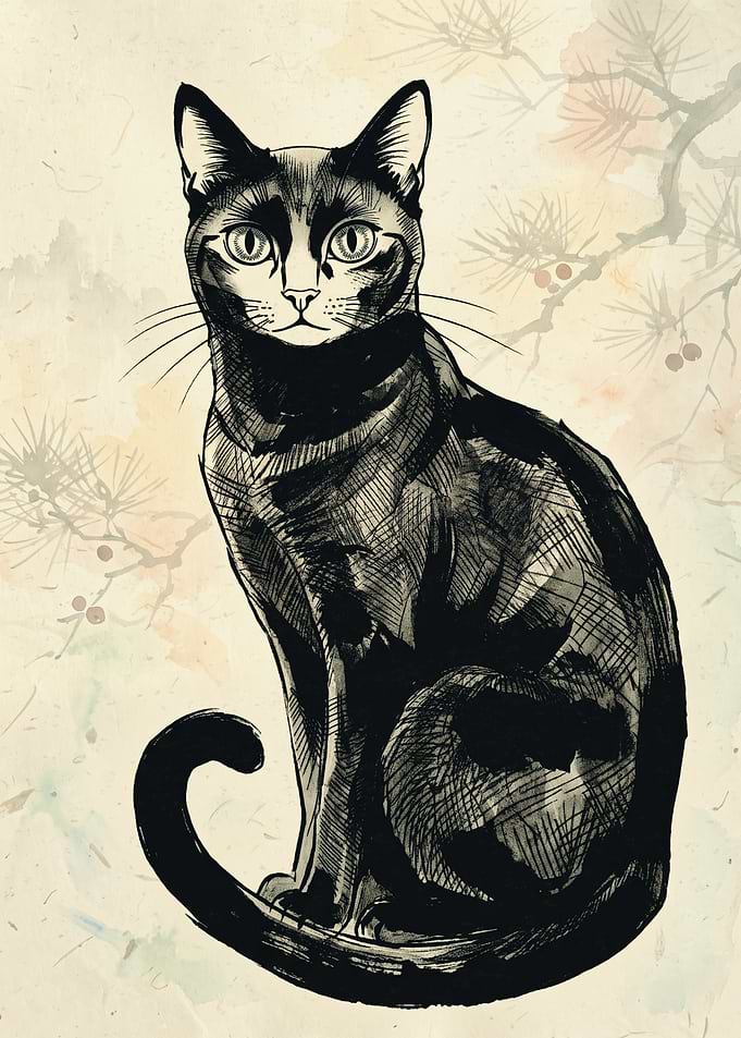 Black Cat Ink Wash Painting Japanese Ukiyo E Style Pine Branch Vintage Animal Wall Art