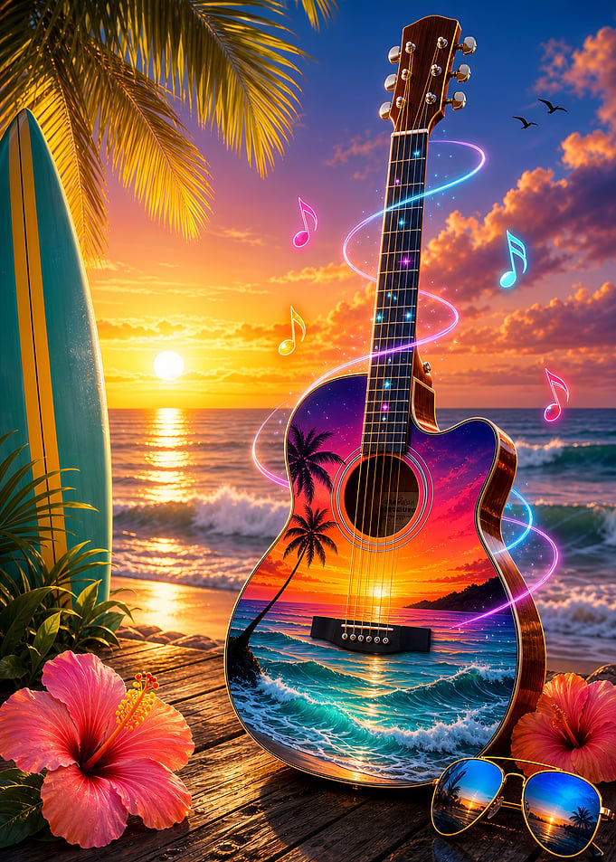 Tropical Sea Beach Sunset Acoustic Guitar Art