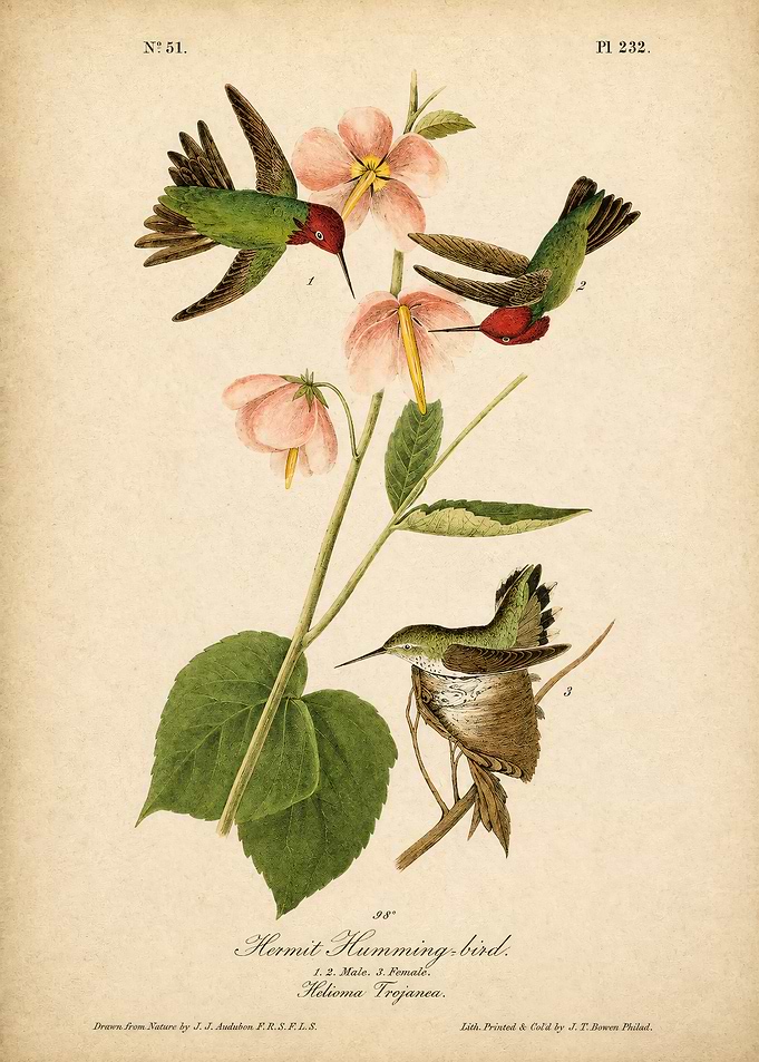 Vintage Audubon Hermit Hummingbird Print