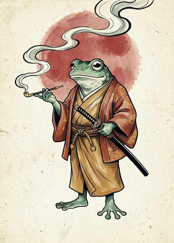 Samurai Frog Kimono Japanese Ukiyo E Art Print Smoking Pipe Red Sun Wall Poster