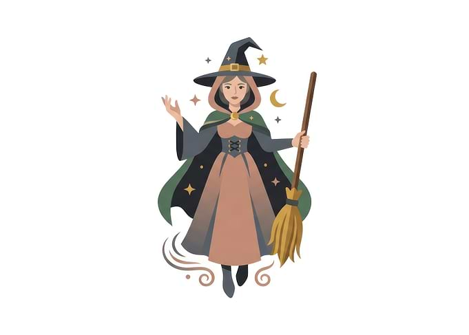 Whimsical Witch with Broomstick Illustration