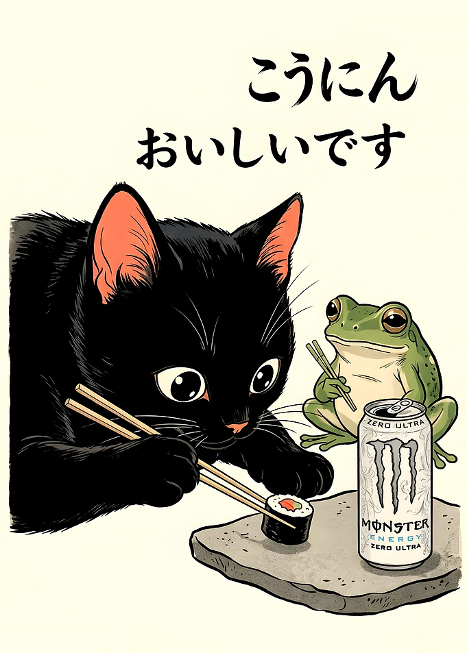 Black Cat and Frog Eating Sushi