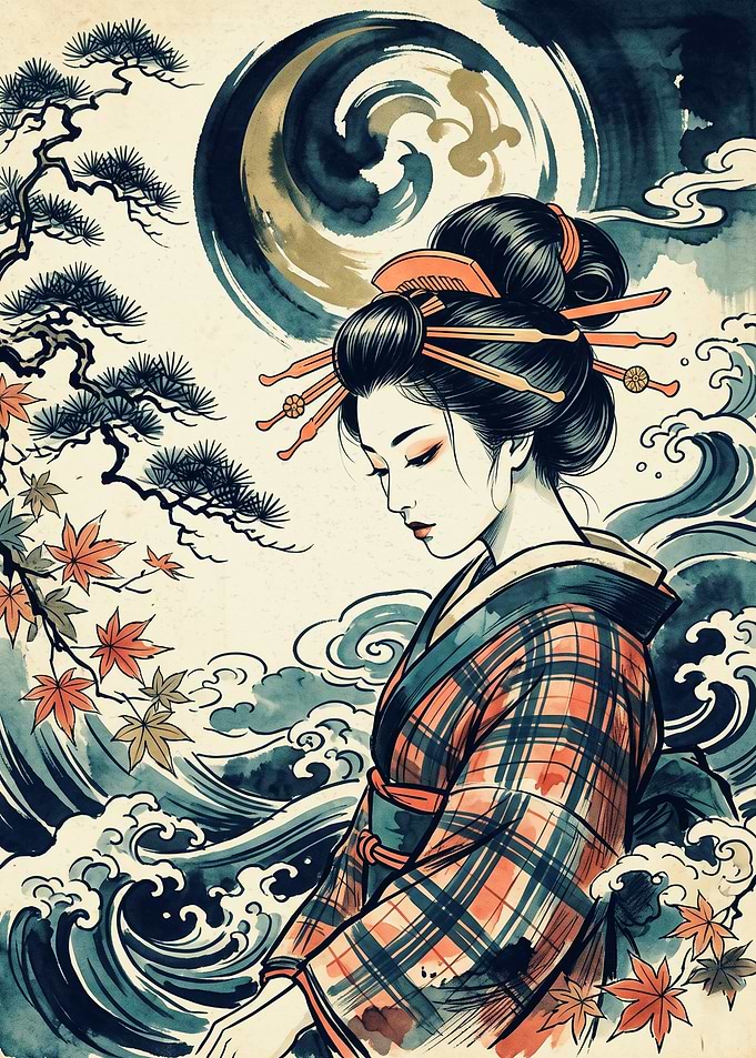 Geisha Kimono Japanese Ukiyo E Art Pine Tree Ocean Wave Autumn Leaves Wall Decor Poster