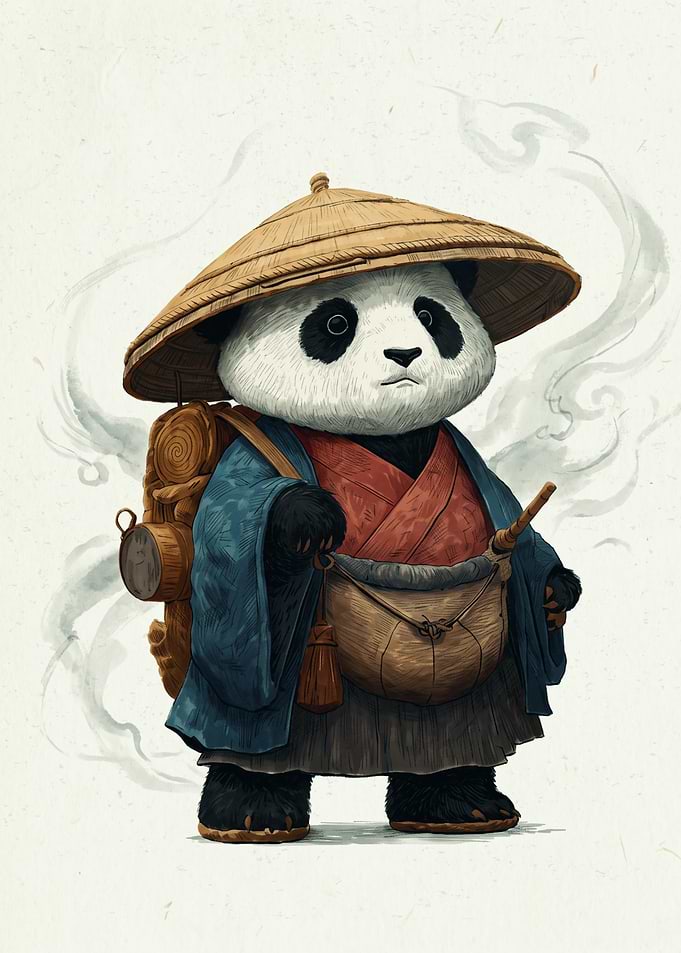 Samurai Panda Japanese Art Print Conical Hat Traveler Asian Animal Wall Decor Poster