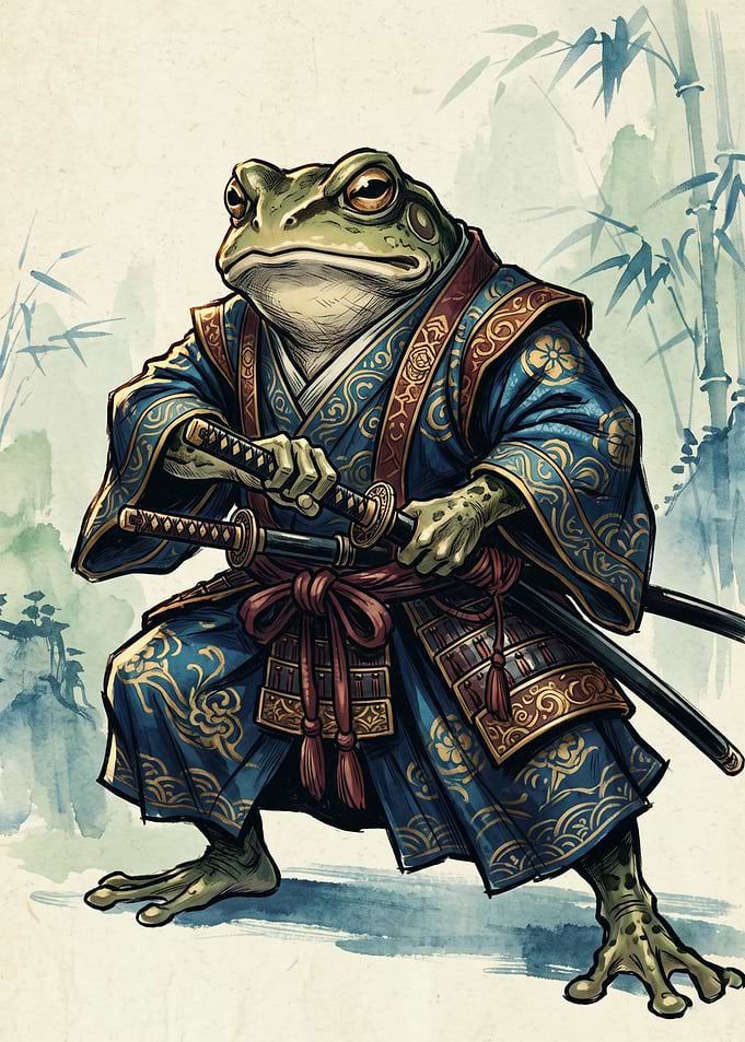 Samurai Frog Japanese Ukiyo E Art Print Blue Kimono Warrior Toad Bamboo Background Poster