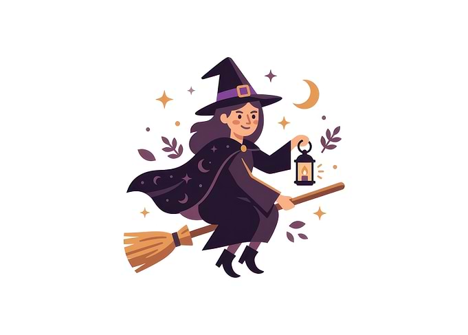 Cute Witch Flying on Broomstick