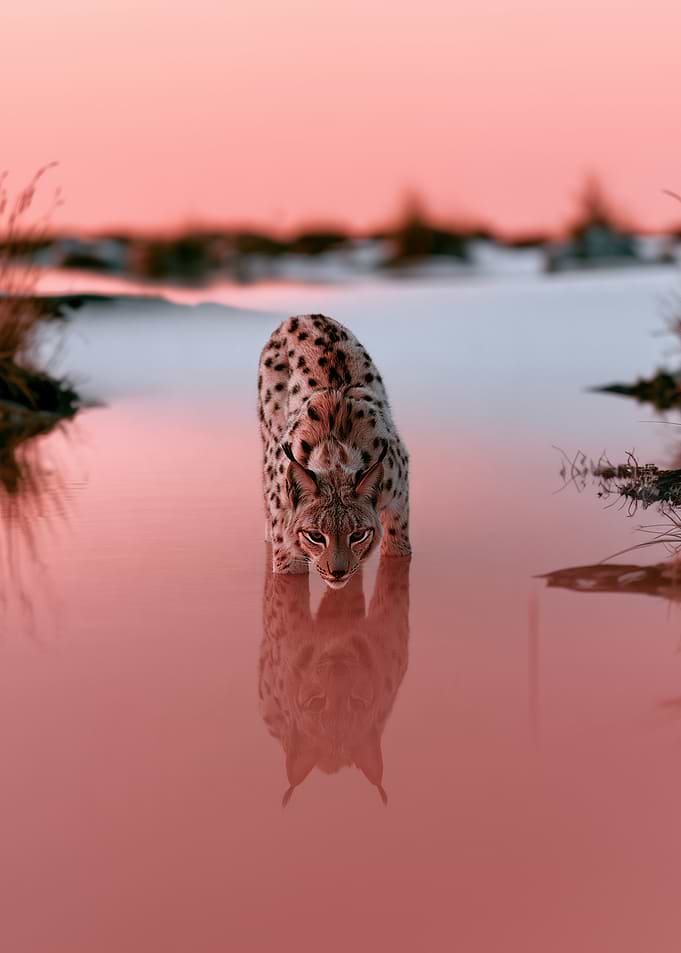 Lynx standing in pink water