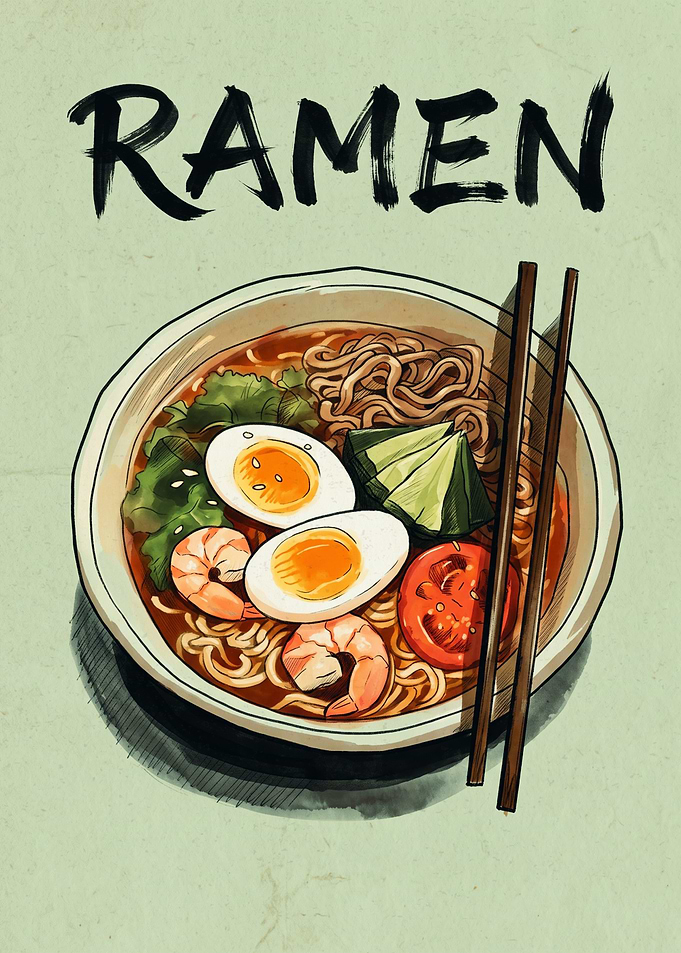Ramen Bowl Japanese Food Vintage Art Print Noodles Shrimp Egg Poster