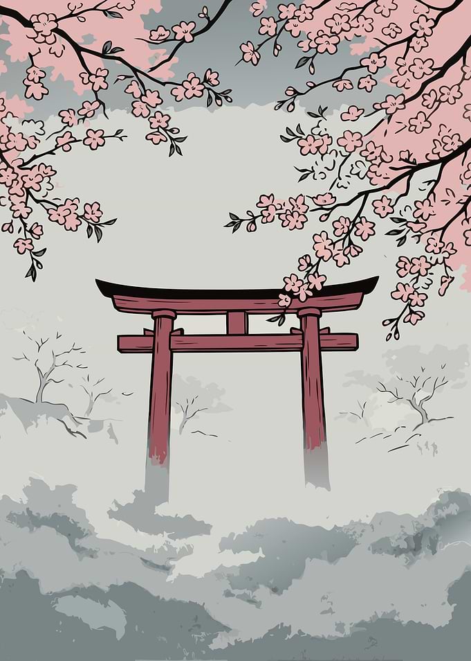 Traditional Japanese Torii Gate and Sakura