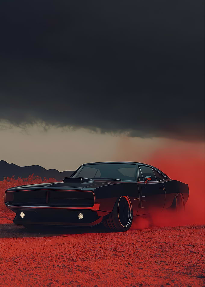 Black Muscle Car in Red Smoke