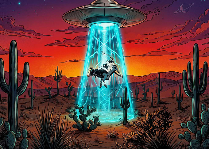 UFO Abducting a Cow in Desert