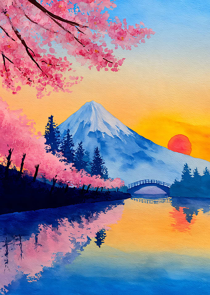 Mount Fuji Cherry Blossom Sunset Painting