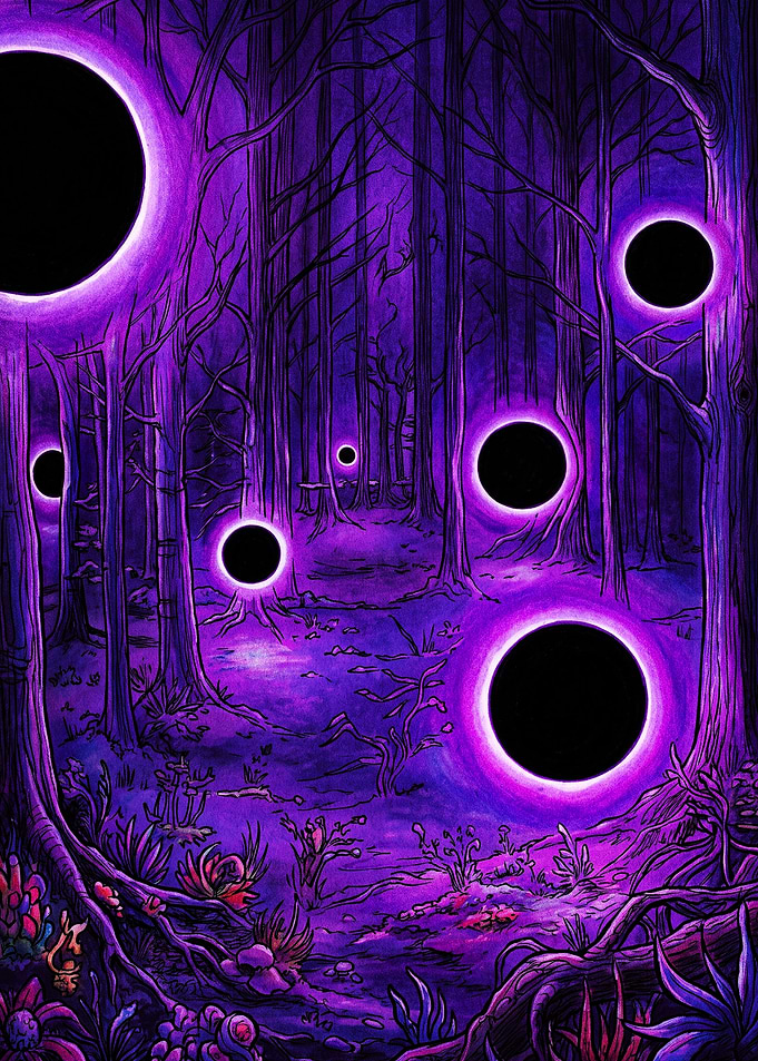 Ethereal Purple Forest with Black Orbs