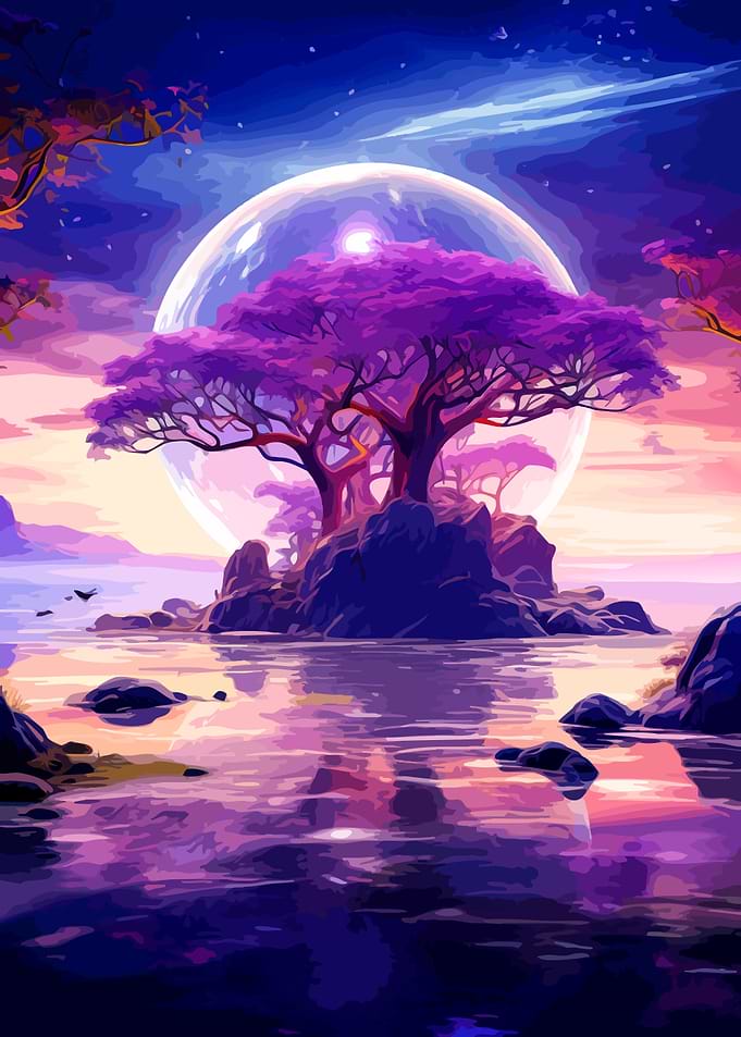 Purple Tree Under Giant Moon
