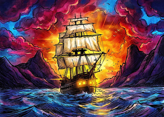 Vibrant Sailing Ship at Sunset