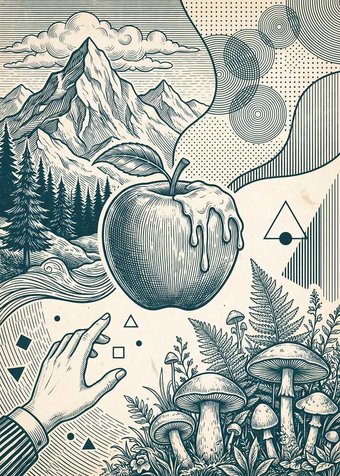 Melting Apple Mountain Surreal Line Art