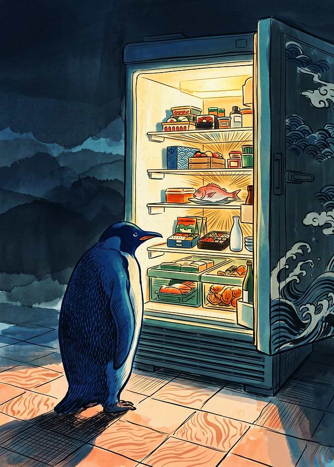 Penguin Refrigerator Japanese Ukiyo E Art Print Midnight Snack Foodie Decor Poster