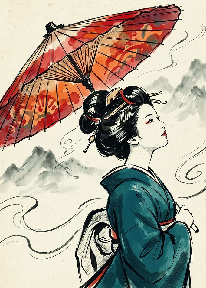 Geisha Kimono Japanese Ink Wash Art Red Umbrella Mountain Landscape Poster Print