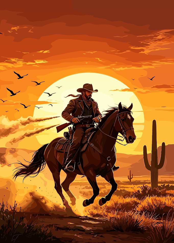 Cowboy Riding Horse in Desert Sunset