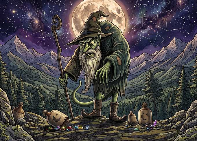 Green Goblin Wizard Under Full Moon