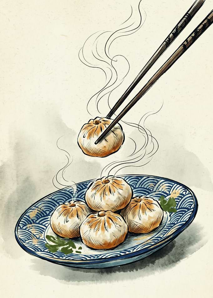 Steamed Dumpling Asian Food Watercolor Sketch Chopsticks Plate Kitchen Dining Room Poster